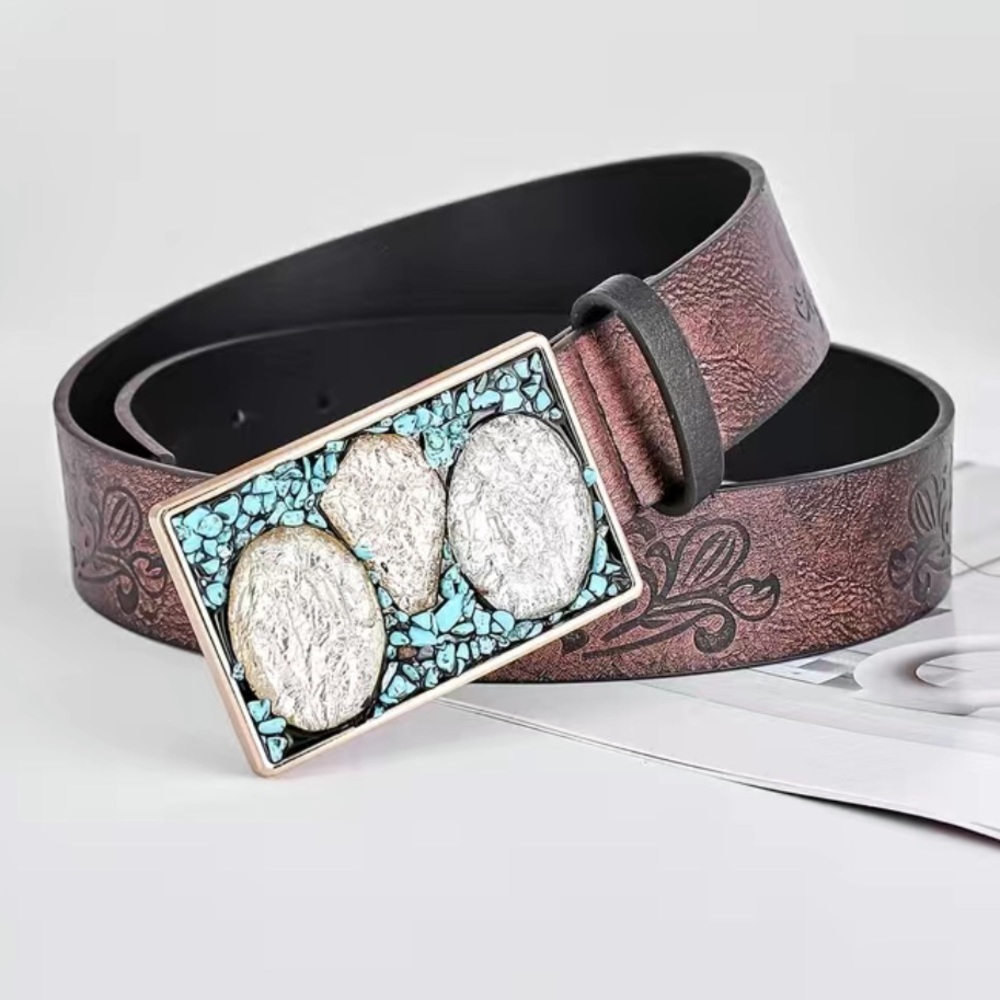 Faux Leather Boho Western Turquoise-like Gemstone Buckle Belt
